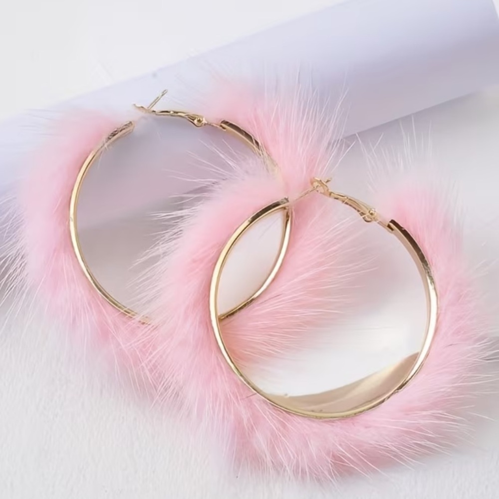 New Pink Playboy Bunny Fur Hoop Earrings